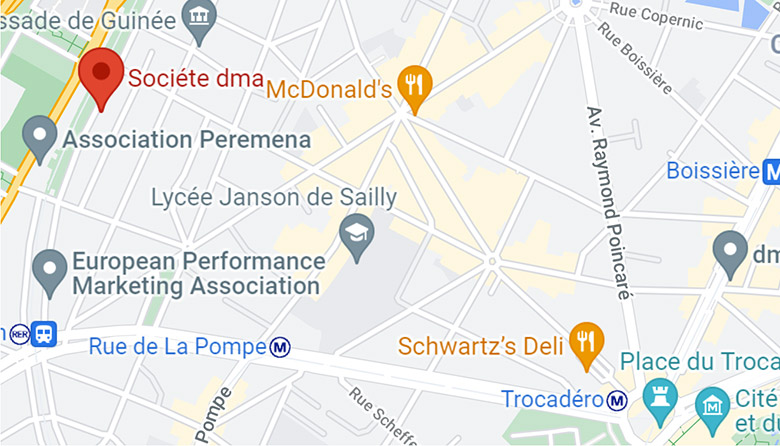 Google Map montrant les coordonnées des bureaux de DMA à Paris